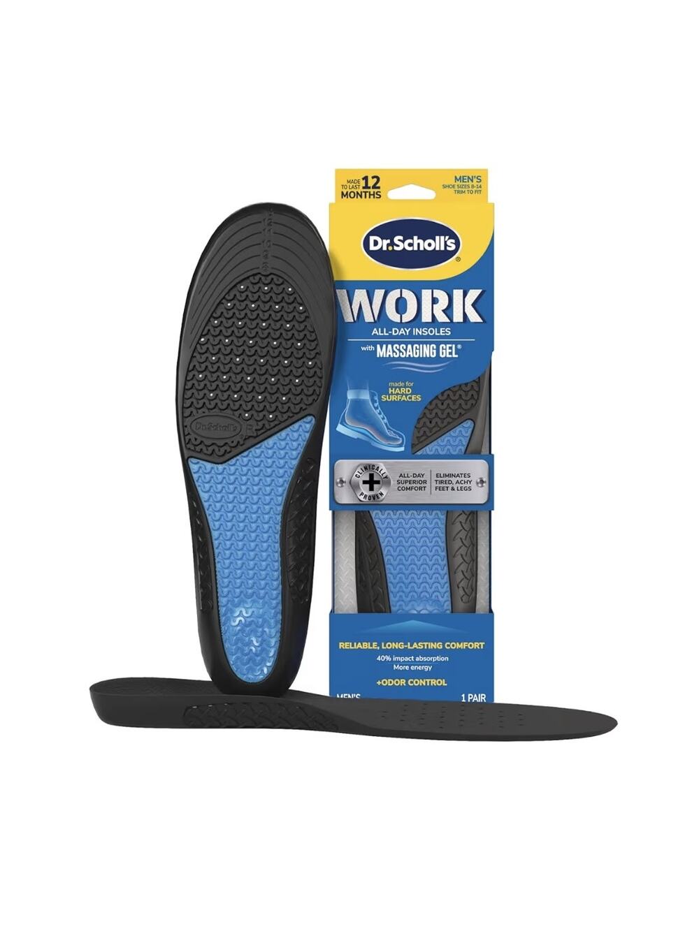 Dr. Scholl's Work All-Day Superior Comfort Insoles Massagie Gel Men 1 Pair 8-14
